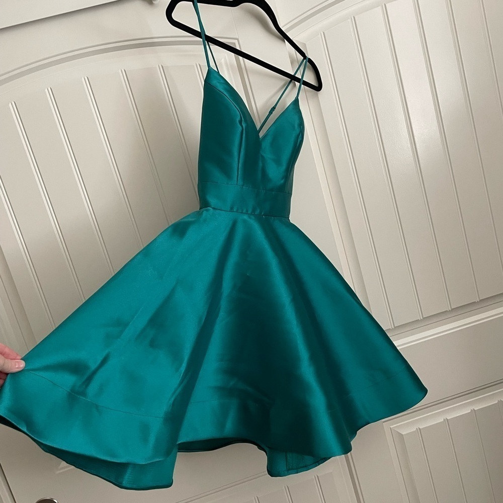 Rene the label green satin fit and flare cocktail prom formal dress size small